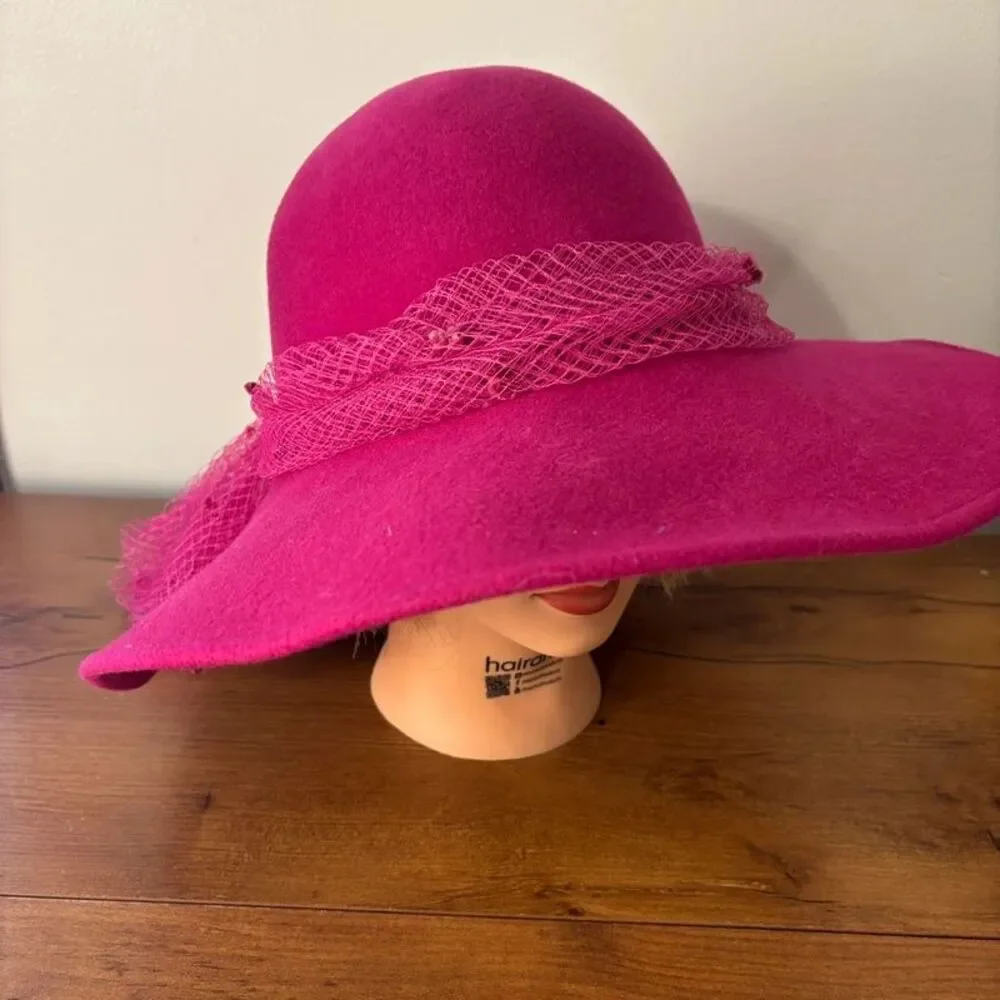 Vintage Mr Kurt Original Hot Pink 100% Wool Wide Brim Hat Excello Veil USA Made